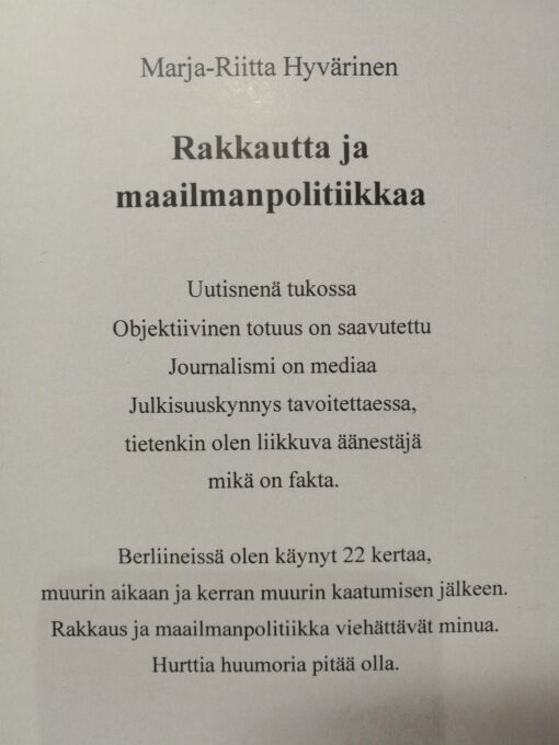 Rakkautta ja maailmanpolitiikkaa Marja-Riitta Hyvärinen - Image 2